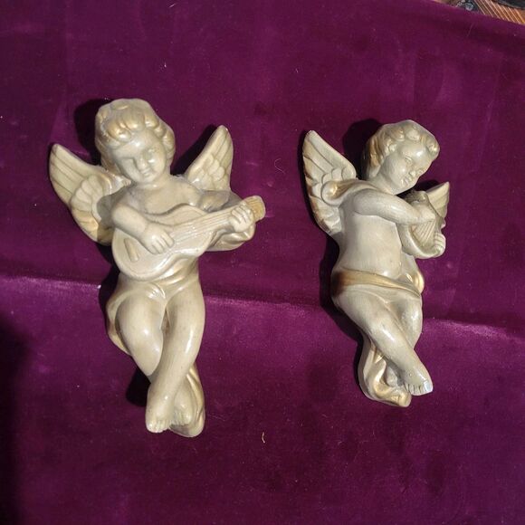 Vintage Cherub Pair Chalk Ware Plaster Wall Decor Hollywood Regency Gold Tone MC - Picture 1 of 16